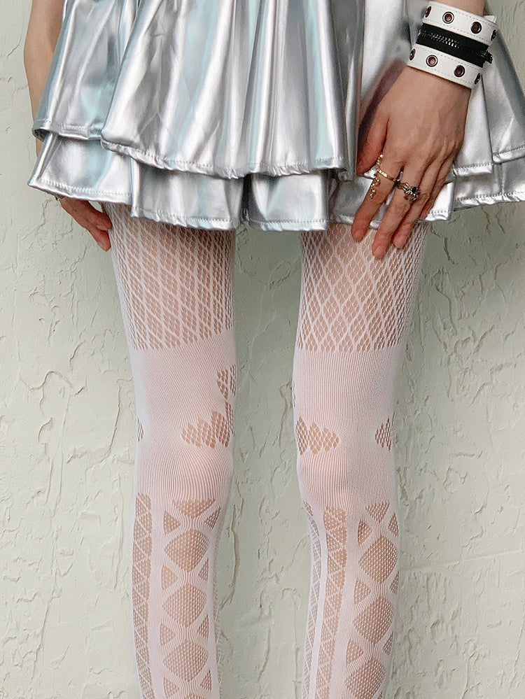 White Y2K Crisscorss Banded Diamond Pattern Tights