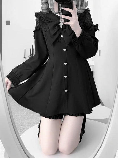 Black Jirai Kei Set - Sailer Collar Sweetheart Buttons Long Sleeves Top + Shorts + Bow Tie