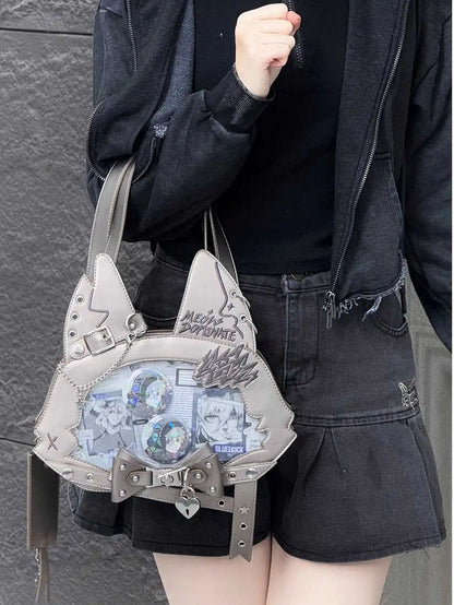 Kitty Ear Design Bowknot Studs Detail Gray PU Tote Bag Ita Bag with Free Card Holder