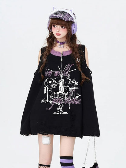 Black Punk Cutout Shoulder Distressed Sweater with Studs