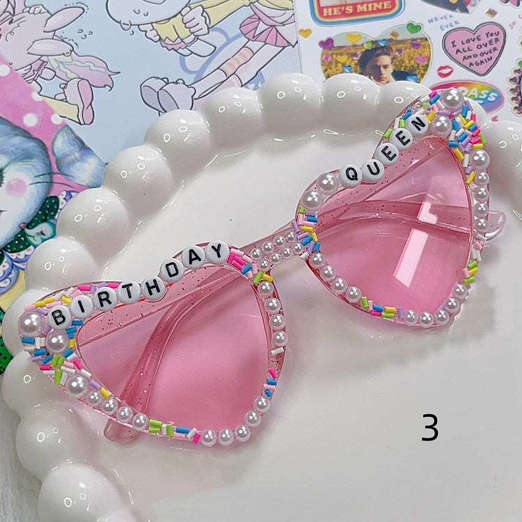 4 Options Letter Design Beaded Decorated Sunglasses