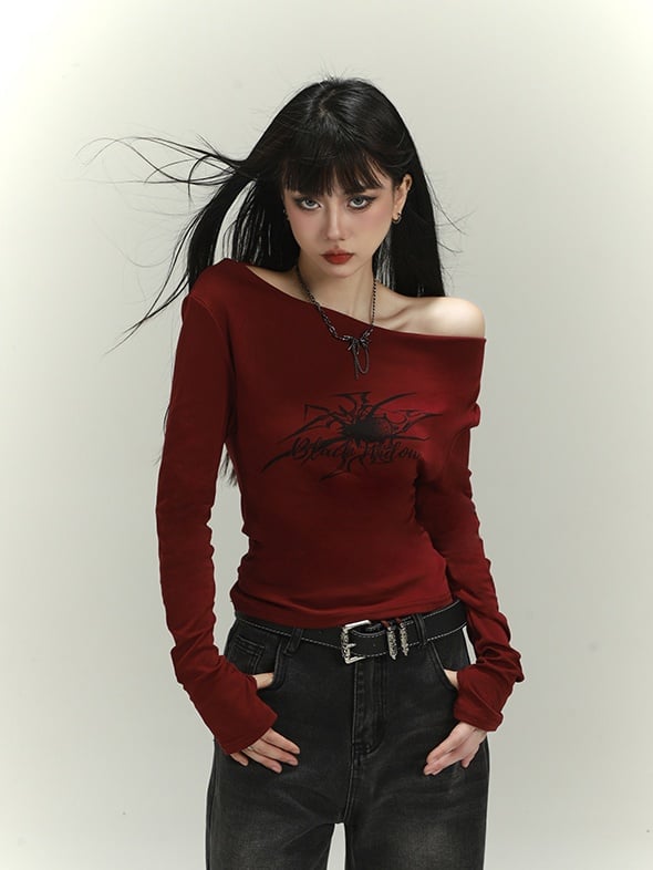 Wine Red Asymmetrical Neckline Spider Print Glamorous Slim-fitting Top