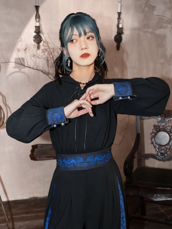 Black and Blue Hoodie with Lace-up Detail at Front