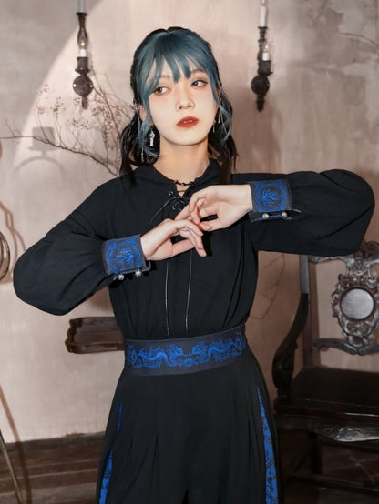 Black and Blue Hoodie with Lace-up Detail at Front