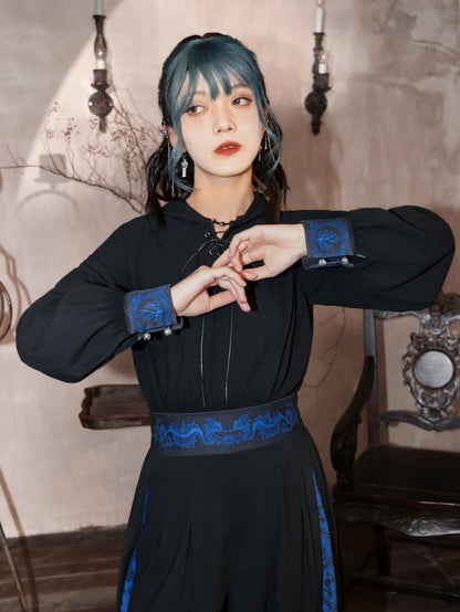 Black and Blue Hoodie with Lace-up Detail at Front