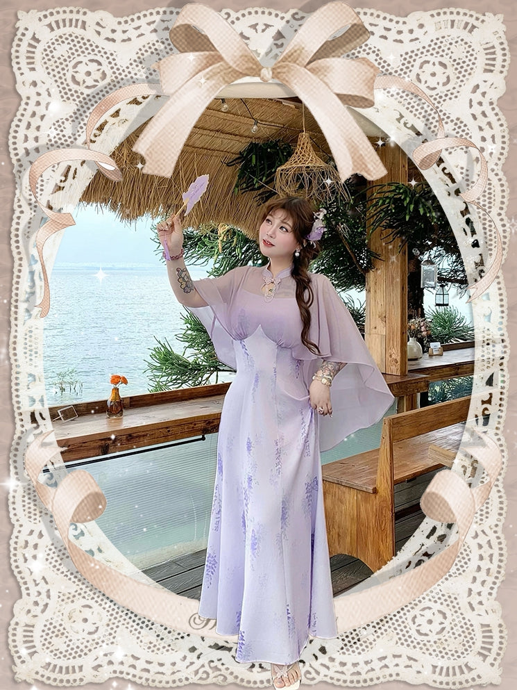 Plus Size Cheongsam Style Cape Design Purple Wisteria Print Qipao Dress