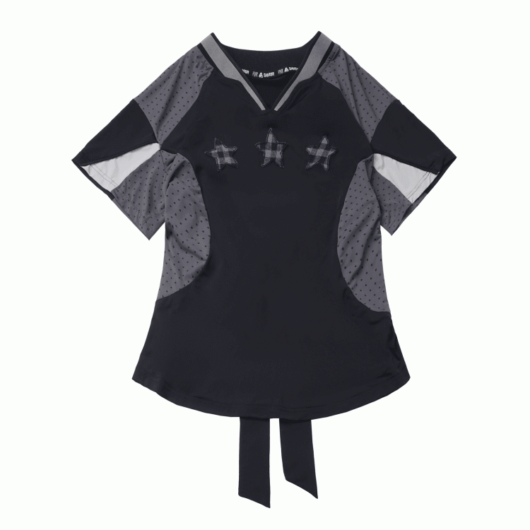 Black/Gray Colorblock Design Plaid Star Appliques V-neck Sports T-shirt