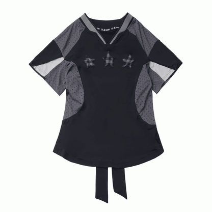 Black/Gray Colorblock Design Plaid Star Appliques V-neck Sports T-shirt