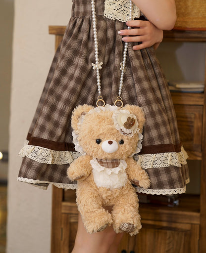 Interchangeable Strap Kawaii Plush Bear Crossbody Bag With Artificial Pearl Strap Option
