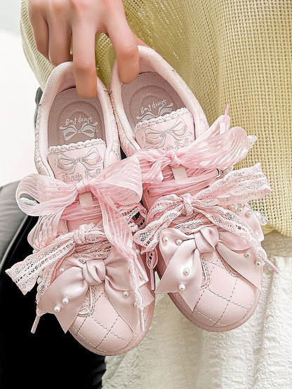 Pink Beaded Decorated Bow at Top Lace Front Lace-up Ties Sneakers