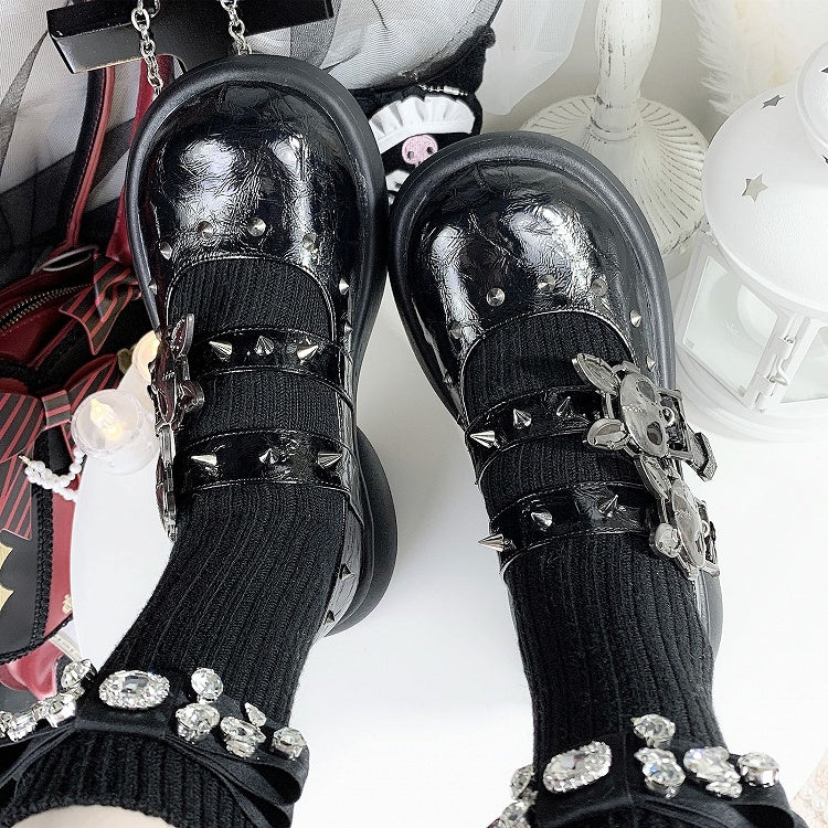 Skeleton Bunny Buckles Crack Black Punk Mary Janes