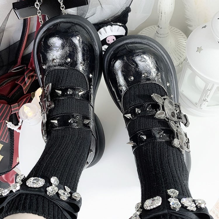 Skeleton Bunny Buckles Crack Black Punk Mary Janes