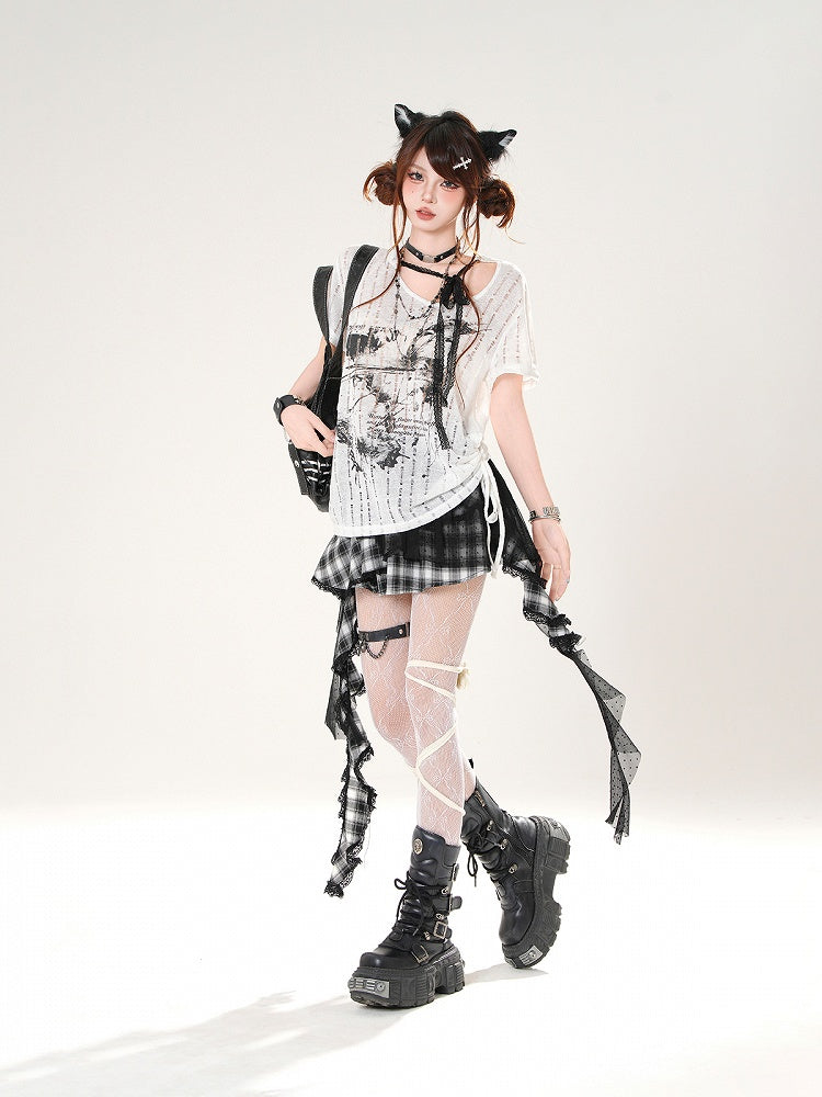 Self-tie Straps Neckline Butterfly Print Black/White Distressed Holes T-shirt