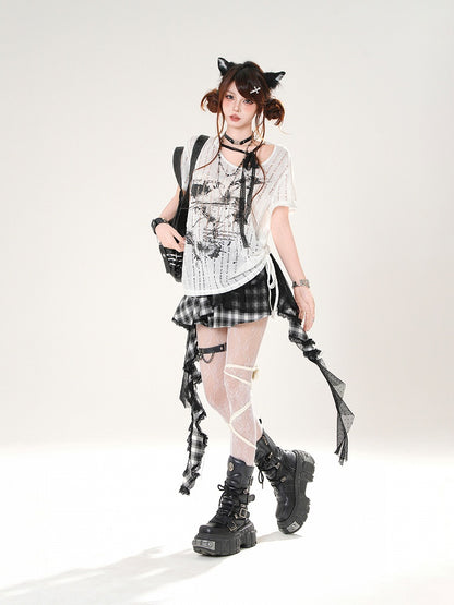 Self-tie Straps Neckline Butterfly Print Black/White Distressed Holes T-shirt