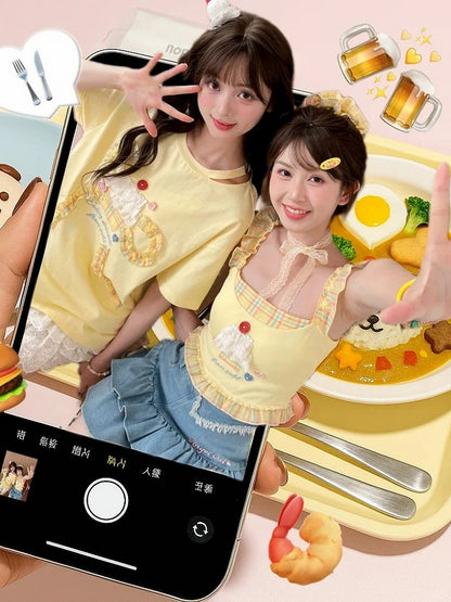 Yellow Ruffled Big Bowknot Tiered Lace Cake Design Cotton T-shirt