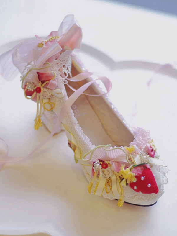 White&Pink Sweet Lolita Beaded And Strawberry Decorated Lace Trim 5CM/8.5CM Block Heels Shoes