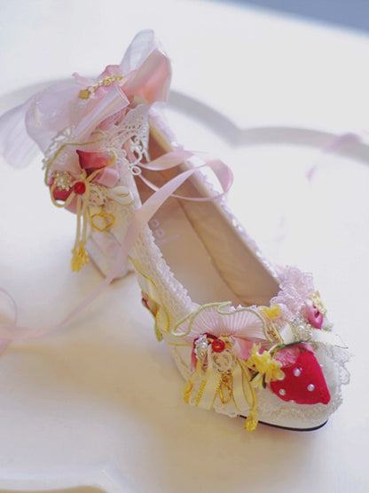 White&Pink Sweet Lolita Beaded And Strawberry Decorated Lace Trim 5CM/8.5CM Block Heels Shoes