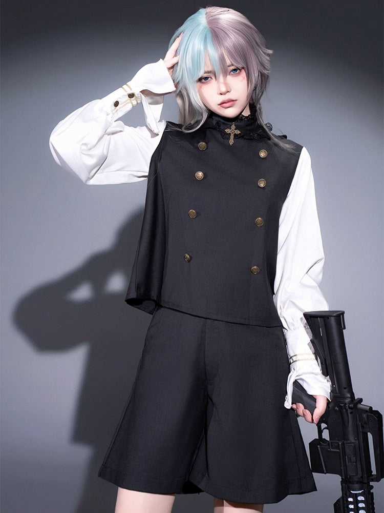 Ouji Lolita White and Black Five-Piece Set - Lace Collar Top + Detachable Pointed Hood + Ribbons + Shorts + Garter