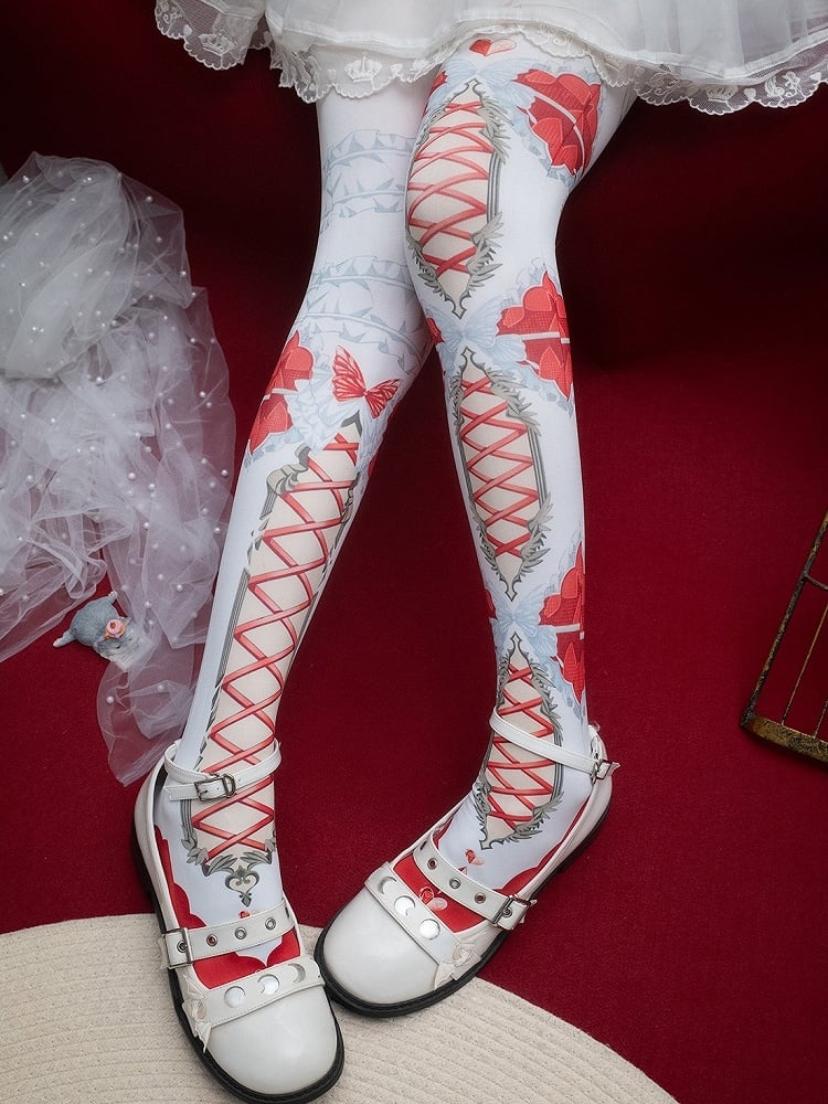 Pink/Blue/Black/Yellow/Red Asymmetrical Crisscorss Banded And Butterfly Print Tights