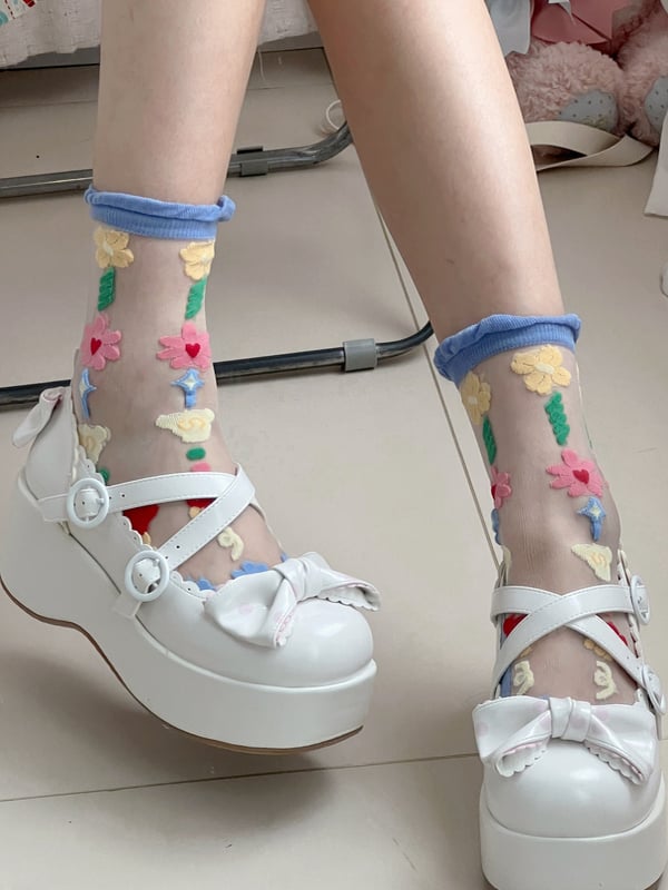Pink/Blue/Beige Floral Pattern Semi-sheer Calf Socks