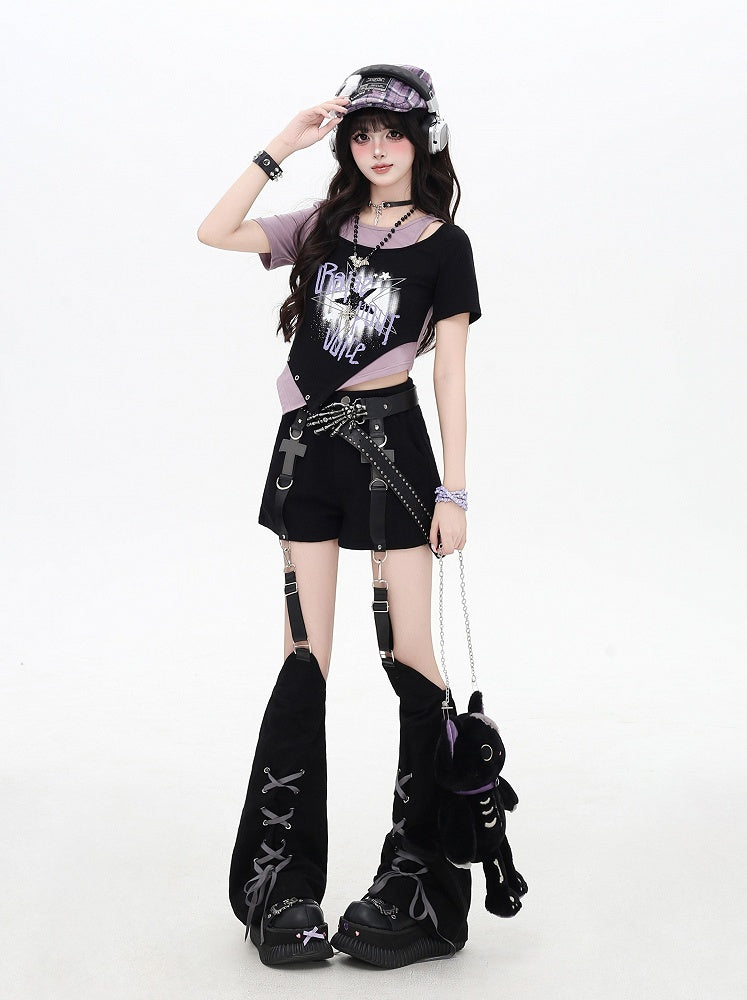 Asymmetrical Hem Star Print Black&Gray / Black&Purple Faux Two-pieces T-shirt