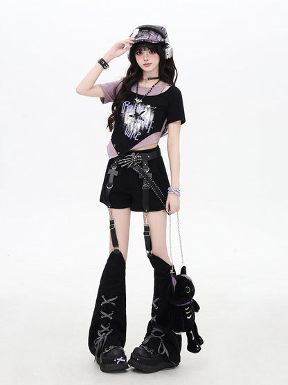 Asymmetrical Hem Star Print Black&Gray / Black&Purple Faux Two-pieces T-shirt