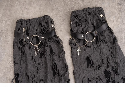 Cross Decorated Distressed Holes Dark Gray Gothic Leg Warmers
