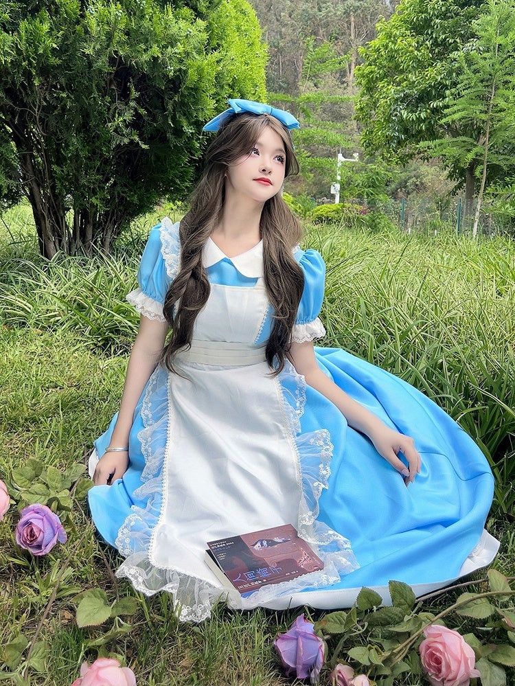 Plus Size Friendly Blue Long Version Maid One Piece + Apron Alice in Wonderland Vibes