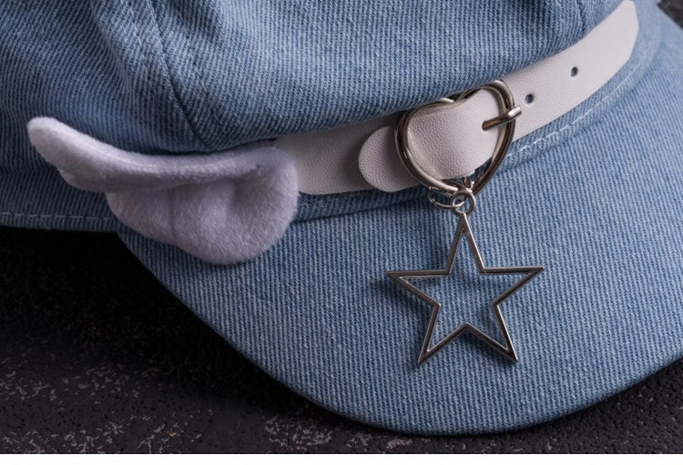 Handmade Heart Buckle and Wings Light Blue Denim Hat