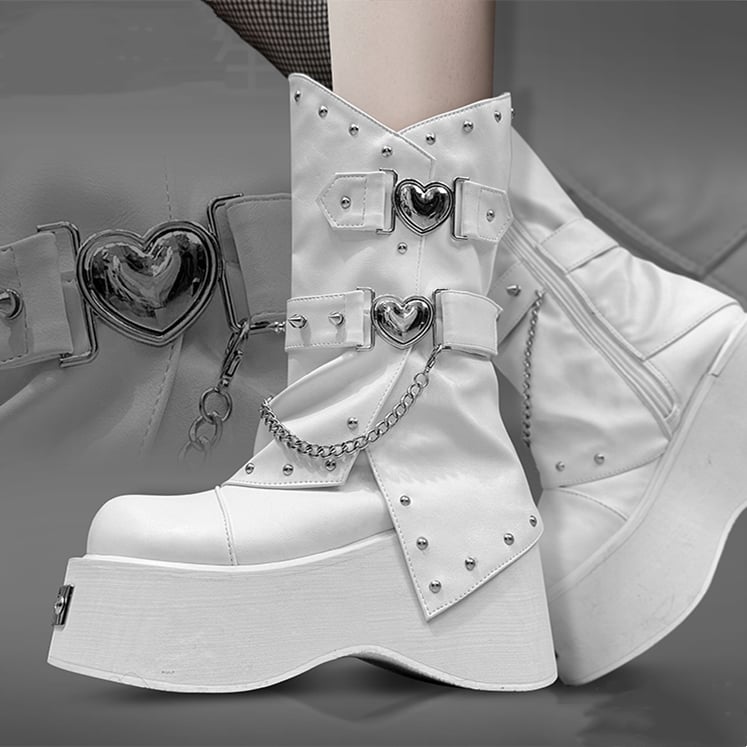 Punk Silver-tone Studs White Goth Platform Boots