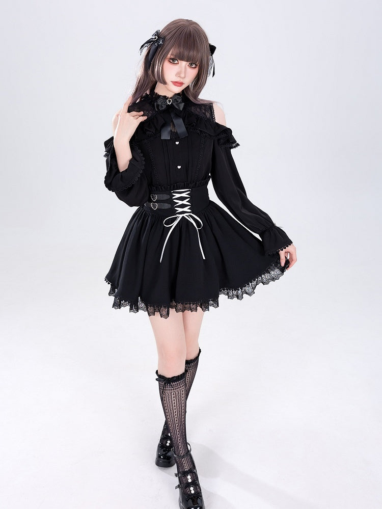 Jirai Kei High Waist Black Skirt Shirring Back Lace-up Front
