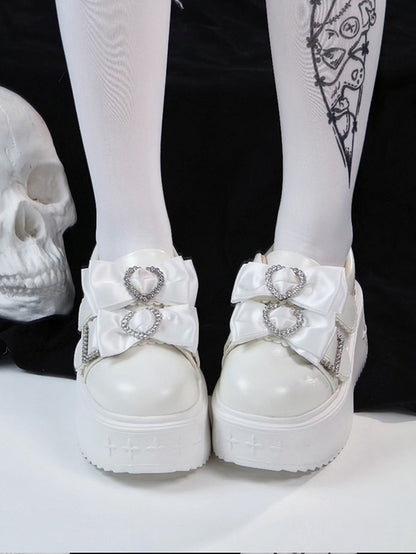 Regular/Thicken Version Rhinestone Heart Decor Bow Details & Slip-in Fit Design PU White Platform Shoes in Jirai Kei