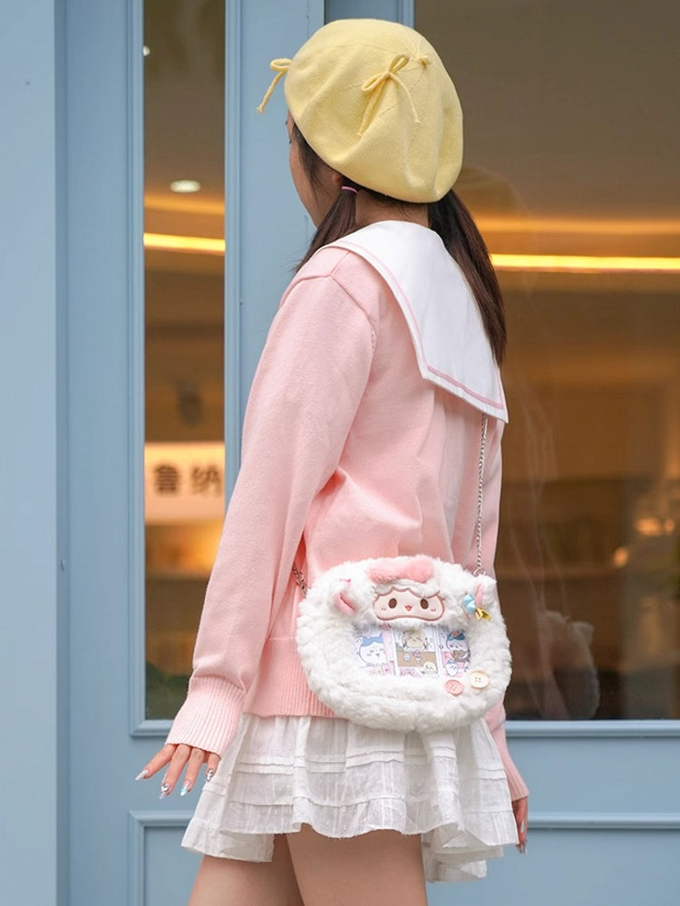 White Bowknot Decorated Cute Plush Lamb Crossbody Ita Bag