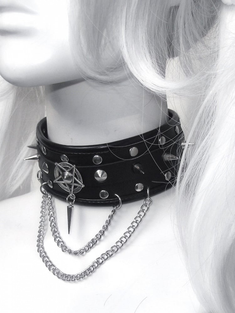 Black Stud Detail Punk PU Choker with Chain