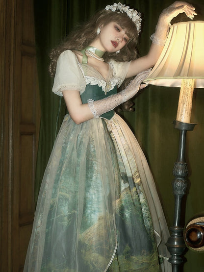 Dark Green & Apricot Basque Waist Forest Print Elegant Classic Lolita Dress with Overlay