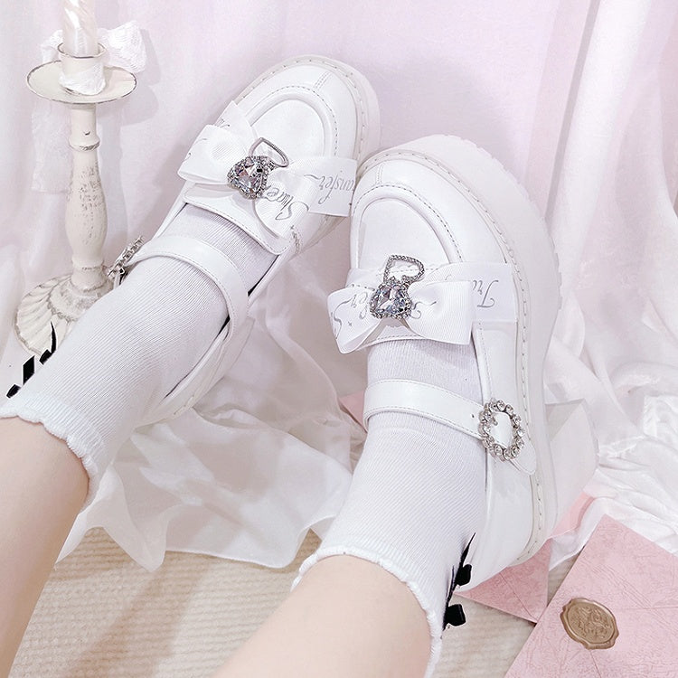 Jirai Kei Rhinestones Bow Clips White Chunky Heels Landmine Style Platforms