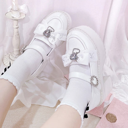 Jirai Kei Rhinestones Bow Clips White Chunky Heels Landmine Style Platforms