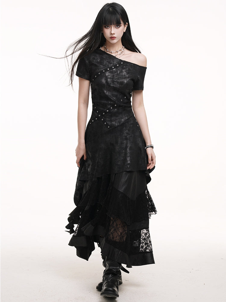 Black Elastic Waist Asymmetrical Hem Lace Patches Skirt