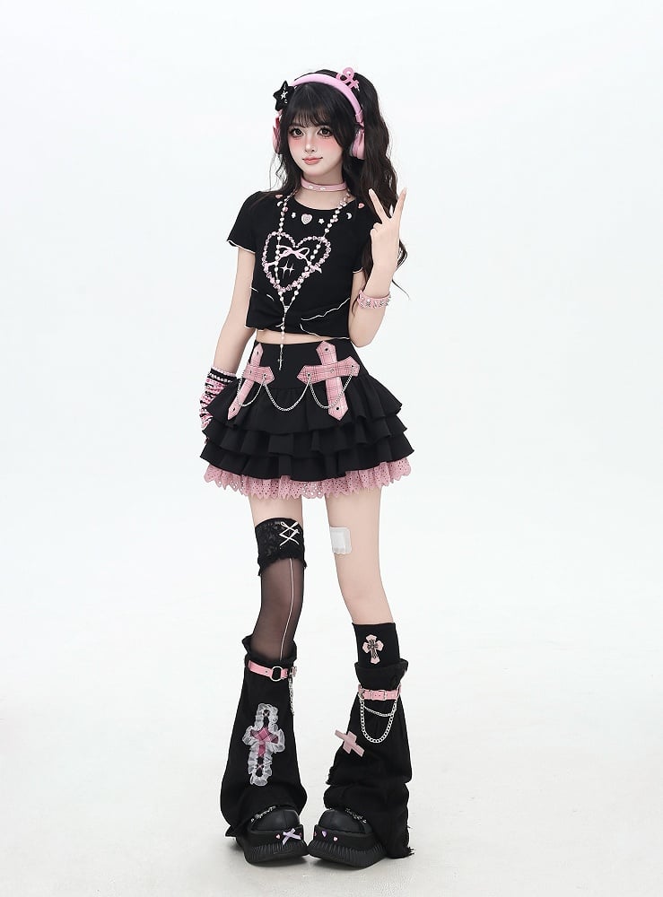 Cute Buttons Neckline Big Bow Hem Sweetheart Print White/Black T-shirt