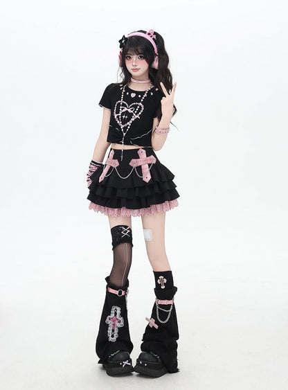 Cute Buttons Neckline Big Bow Hem Sweetheart Print White/Black T-shirt