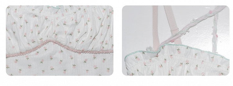 Pink/Blue Floral Print White Cami Top Ruffle Trim