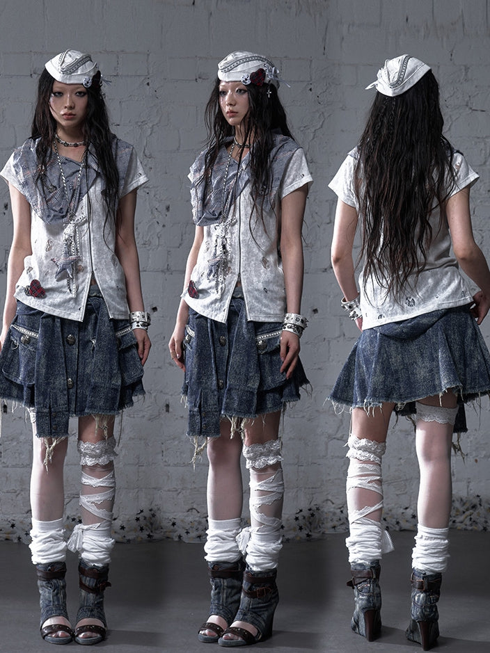 Blue and White Plaid Distressed Holes Navycore Zipper T-shirt Faux Two-pieces