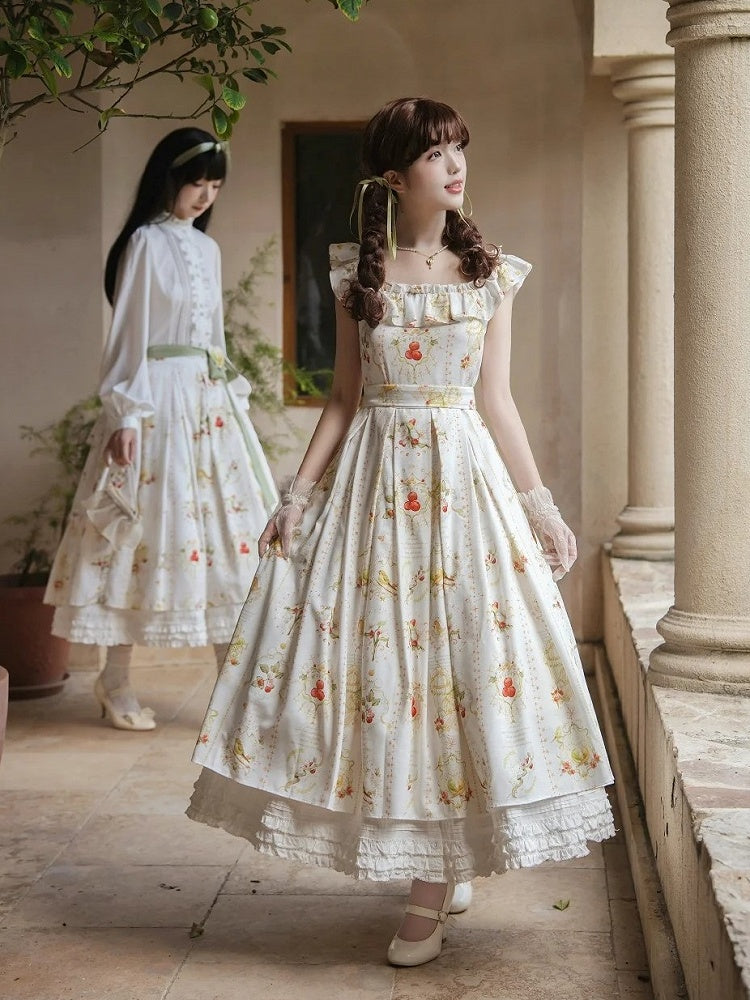 Hawthorn and Bird Print White Square Neckline Elegant Classic Lolita Dress with Waist Belt