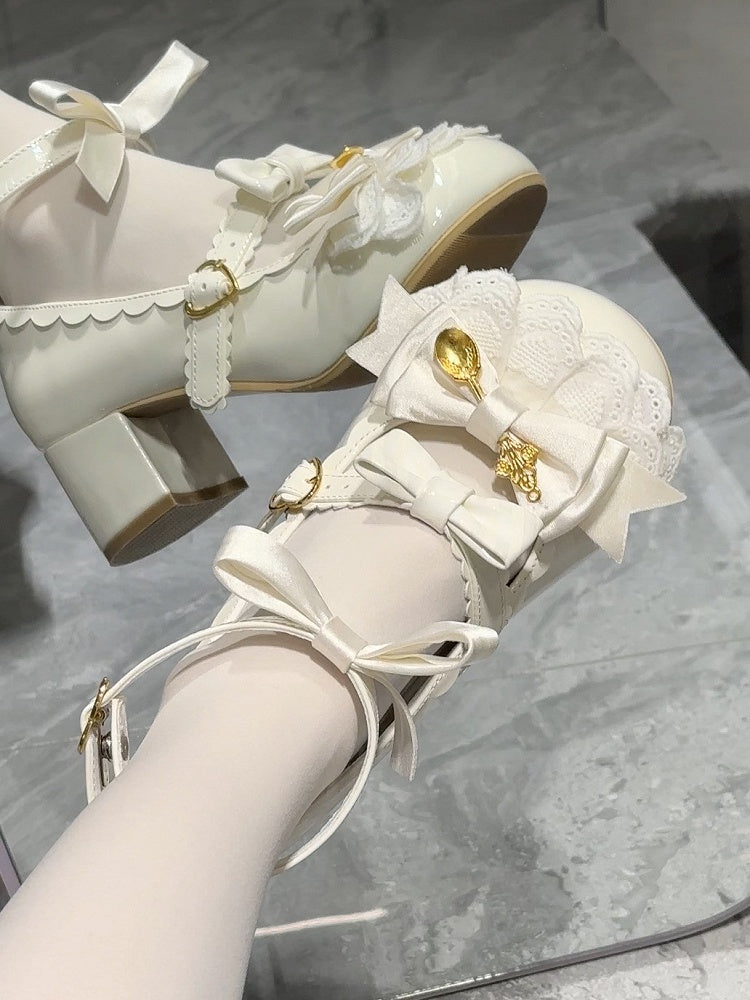 White Spoon Decorated Bowknot Details Sweet Lolita High Block Heels