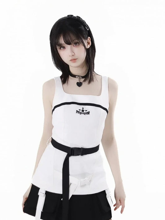Wasteland Punk White Square Neck Techwear Tank Top with Snap Belt