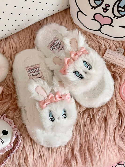 Esther Bunny White Plush Platform Slippers Winter Shoes