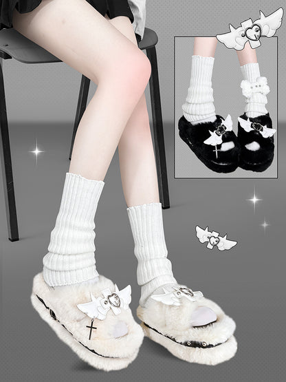 Cross Wings Decorated White Plush Platform Slippers Punk Winter Shoes