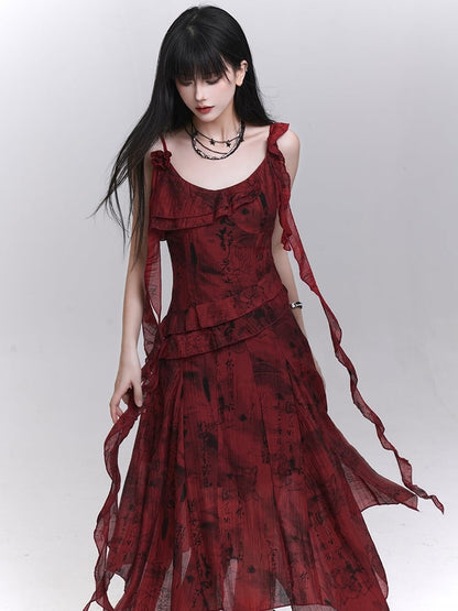 Red Cascading Ruffles Handkerchief Hem Sleeveless Dress