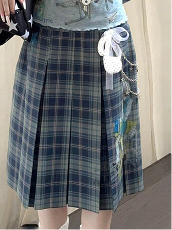 Blue Box Pleat Vintage Printed Plaid Skirt