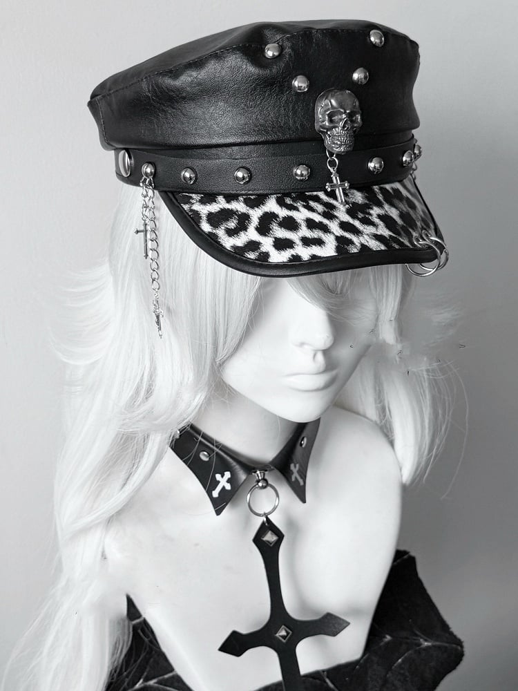 Y2K Gyaru Fashion Leopard PU Cross Charm Punk Studded Hat